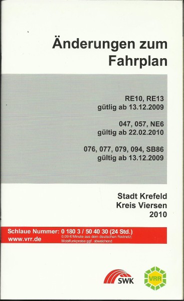 Buch 2010 VRR Änderungen Fahrplan Stadt Krefeld - Kreis Viersen