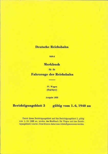 Buch Deutsche Reichsbahn - DV 939d - 1940 - Wagen - Regelspur - REPRINT