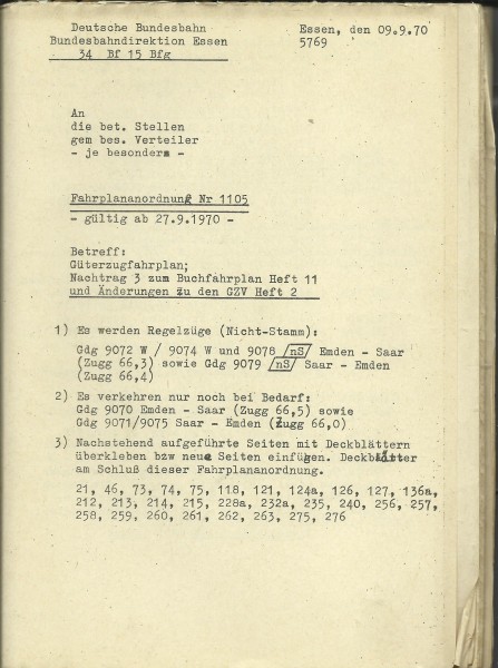 Heft 1970 Fahrplananordnung 1105 DB - Bundesbahndirektion Essen