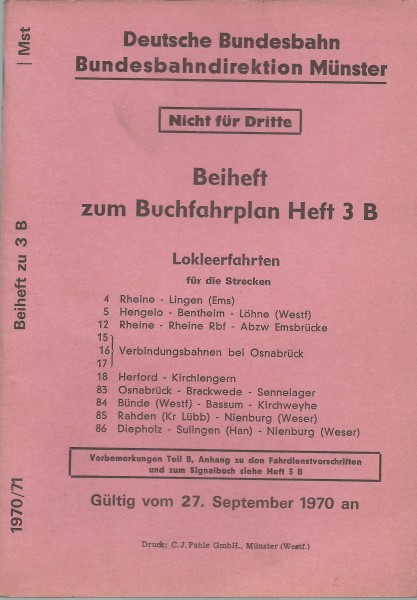 Heft 1970 Beiheft zum Buchfahrplan 3b - Bundesbahndirektion Münster