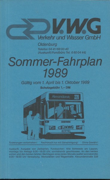 Buch 1989 VWG Fahrplan - Oldenburg - Sommer - Verkehr und Wasser GmbH Oldenburg