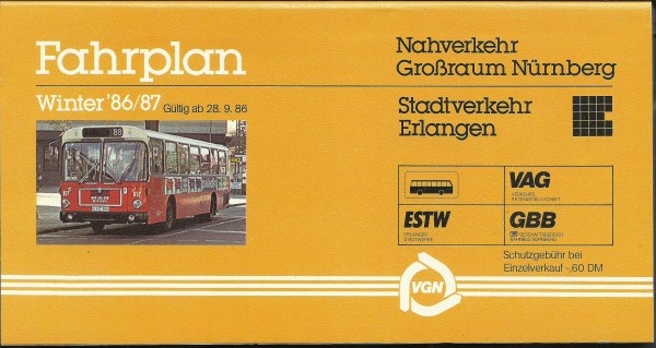 Buch 1986 VGN Verbund-Fahrplan - Nürnberg - Stadtverkehr Erlangen Winter 1986/87