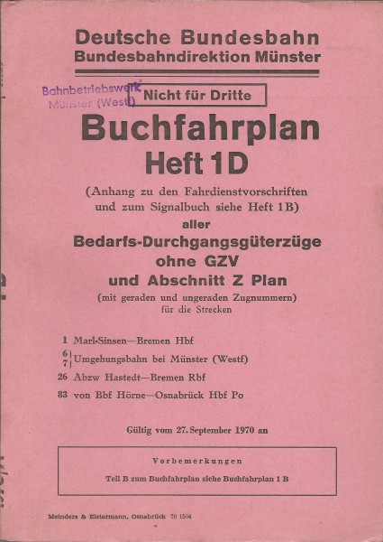 Heft 1970 Buchfahrplan Heft 1d - Bundesbahndirektion Münster