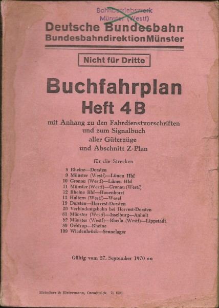Heft 1970 Buchfahrplan Heft 4b Bundesbahndirektion Münster