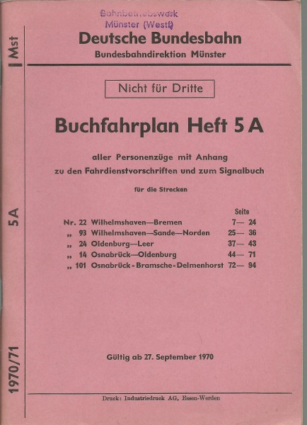 Heft 1970 Buchfahrplan Heft 5a Bundesbahndirektion Münster
