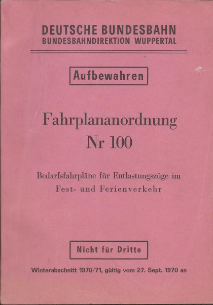 Heft 1970 Fahrplananordnung 100 Sept. DB - Bundesbahndirektion Wuppertal