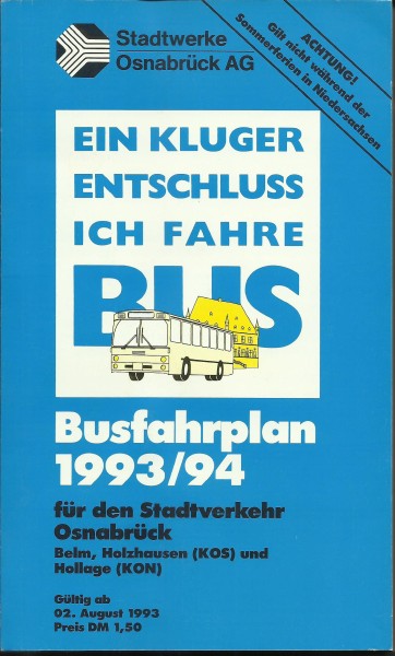Buch 1993/94 Busfahrplan - Osnabrück - Belm - Holzhausen - Hollage