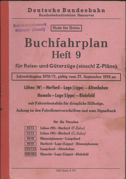 Heft 1970 Buchfahrplan Heft 9 - Bundesbahndirektion Hannover