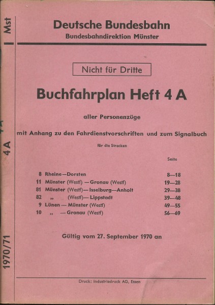 Heft 1970 Buchfahrplan Heft 4a Bundesbahndirektion Münster
