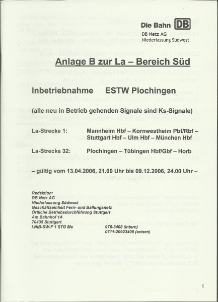 Heft 2006 - Inbetriebnahme ESTW Plochingen - Anlage B zur LA - LA-Bereich Süd