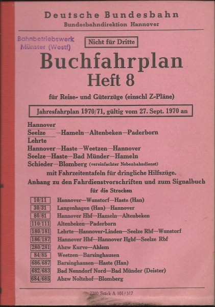 Heft 1970 Buchfahrplan Heft 8 - Bundesbahndirektion Hannover
