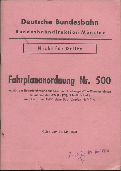 Heft 2001 Fahrplananordnung 500 - DB - Bundesbahndirektion Münster