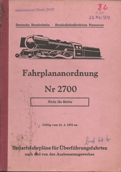 Heft 1970 Fahrplananordnung 2700 DB - Bundesbahndirektion Hannover