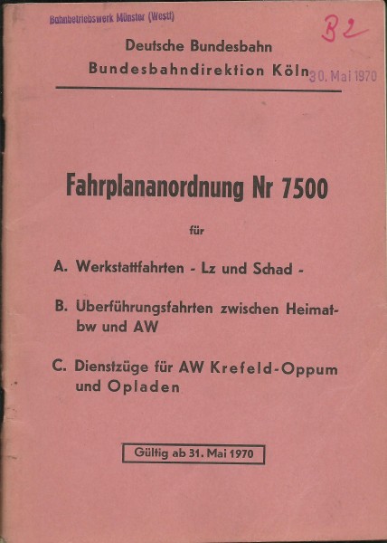 Heft 1970 Fahrplananordnung 7500 DB - Bundesbahndirektion Köln