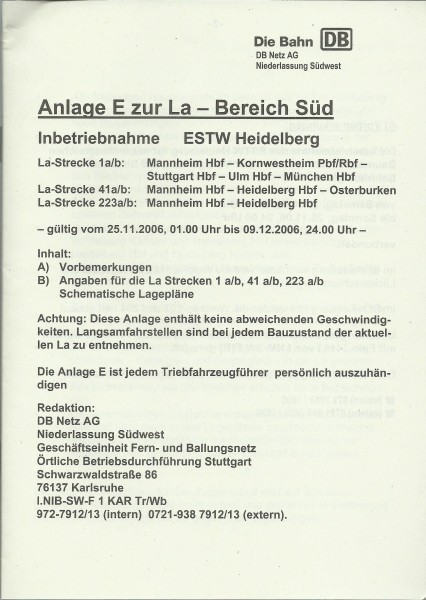 Heft 2006 - Inbetriebnahme ESTW Heidelberg - Anlage E zur LA - LA-Bereich Süd