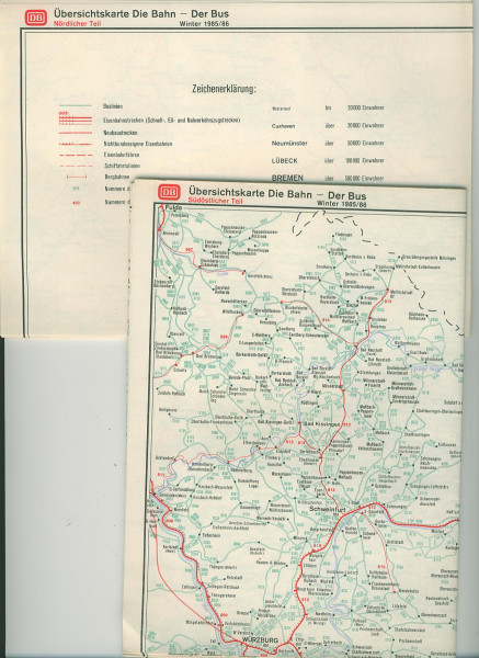 Kom: 1985/86 Übersichtskarten: Bahn-Bus Die Bahn - Der Bus - Winter 1985/86