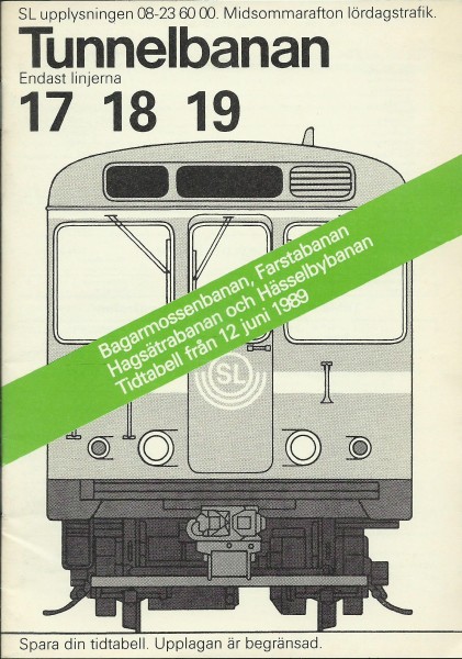 Buch 1989 Fahrplan - U-Bahn Stockholm Tunnelbanan - Linen 17 18 19