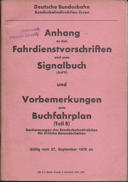 Heft 1970 Anhang zu den Fahrdienstvorschriften und zum Signalbuch (AzFV) - September