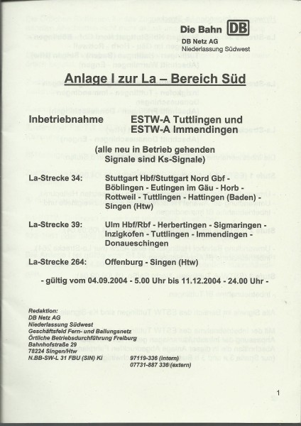 Heft 2004 - Inbetriebnahme ESTW-A Tuttlingen - Sonderdruck zur LA - LA-Bereich Süd