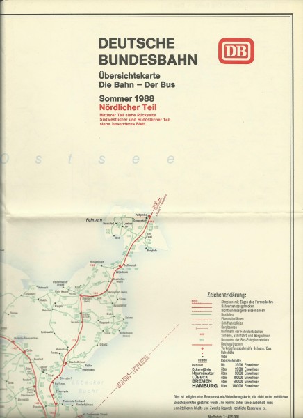 Buch 1988 Übersichtskarte: Bahn-Bus Norden - Mitte - Sommer 1988