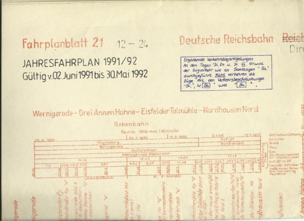 Buch 1991/92 DR Fahrplanblatt 21 Wernigerode - Nordhausen