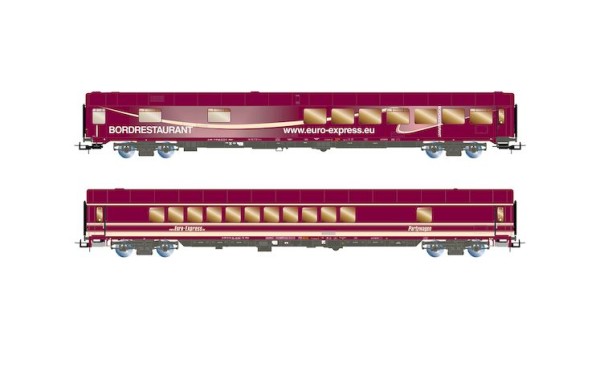 H0 Reisezugwagen-SET Euro-Express, 2-tlg. mit 1x Partywagen WGmh 804/854 & 1x Speisewagen WRmh 132