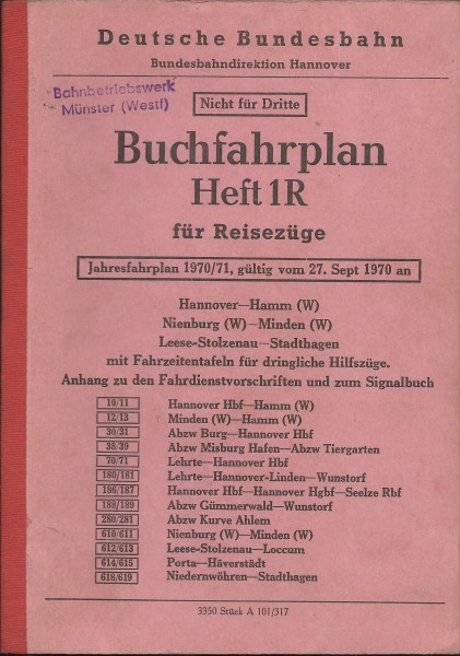 Heft 1970 Buchfahrplan Heft 1r - Bundesbahndirektion Hannover