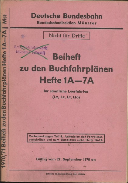 Heft 1970 Beiheft zu den Buchfahrplänen 1a bis 7a - Bundesbahndirektion Münster