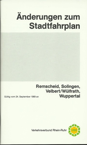 Buch 1989 VRR Änderungen Fahrplan Solingen Remscheid Velbert Wülfrath Wuppertal