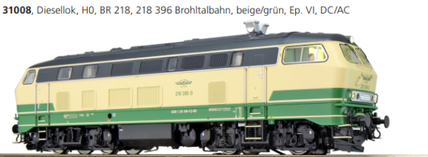 H0 Diesellok BR 218.396 Brohltalbahn VI beige/grün SOUND + Rauch