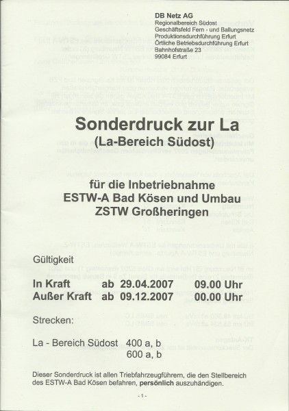 Heft 2007 - Inbetriebnahme ESTW-A Bad Kösen - Sonderdruck zur LA - LA-Bereich Südost
