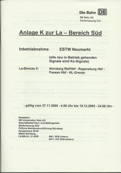 Heft 2005 - Inbetriebnahme ESTW Neumarkt - Sonderdruck zur LA - LA-Bereich Süd