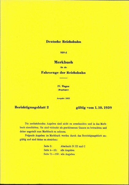 Buch Deutsche Reichsbahn Merkbuch 939d IV. - Wagen (Regelspur) - Berichtigung 2