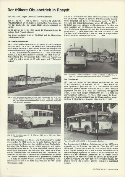 Buch Der frühere Obusbetrieb in Rheydt - Sonderdruck aus Stadtverkehr 11-12/84