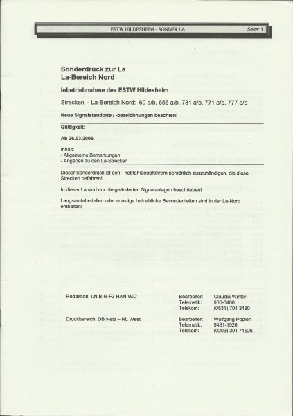 Heft 2006 - Inbetriebnahme d. ESTW Hildesheim - Sonderdruck zur LA - LA-Bereich Nord