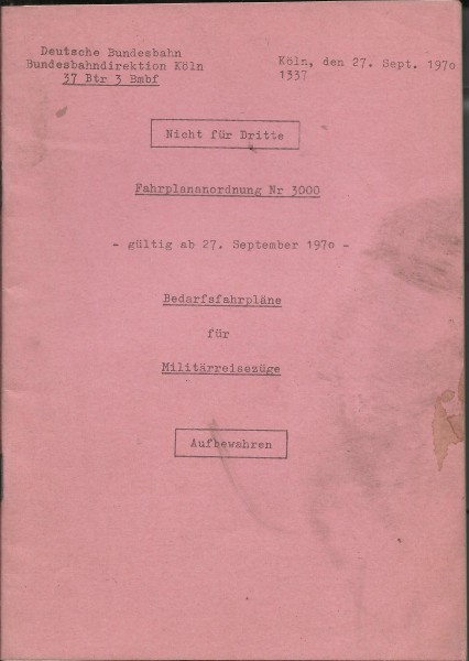 Heft 1970 Fahrplananordnung 3000 DB - Bundesbahndirektion Köln