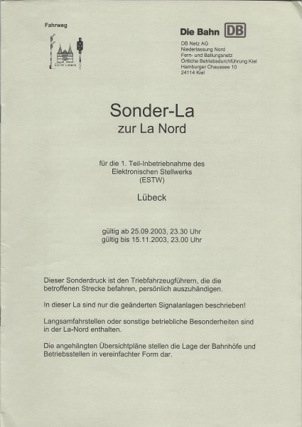 Heft 2003 - Teil-Inbetriebnahme des ESTW Lübeck Sonderdruck zur LA - LA-Bereich Nord
