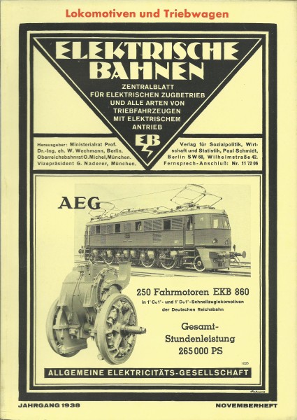 Heft 1938 Elektrische Bahnen - November - Fachheft Lokomotiven und Triebwagen