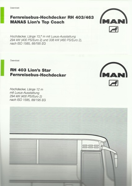 Heft 1999 Datenblätter MAN - Fernreisebusse - Fernreisebus-Hochdecker: RH 403/463