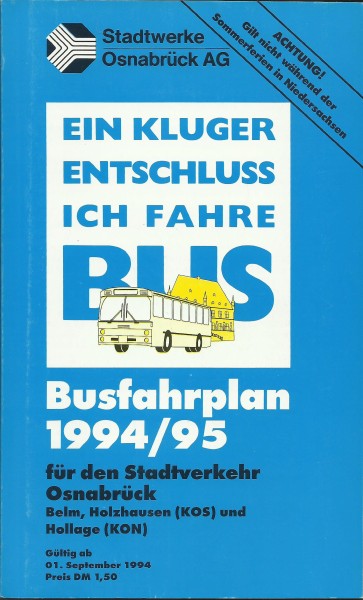 Buch 1994/95 Busfahrplan - Osnabrück - Belm - Holzhausen - Hollage