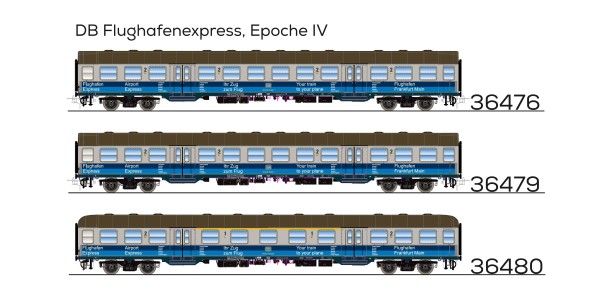H0 NV-Silberling, Bnrz 728, 2. Kl, DB Ep. IV, silber, Pfauenauge, blaue Streifen Flughafen-Expres
