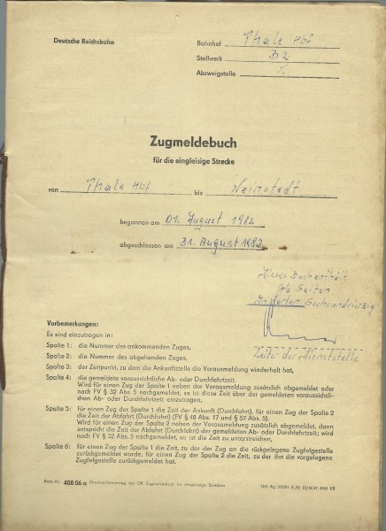 Buch Zugmeldebuch für die eingleisige Strecke Thale Hbf - Neistedt